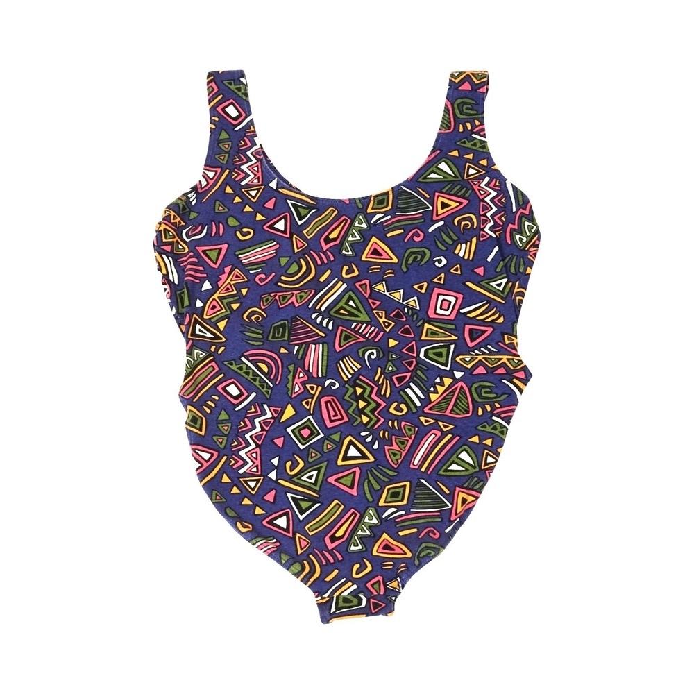 VTG 80s Danskin Bodysuit XL Purple Geometric Tribal Print High Cut Leotard USA